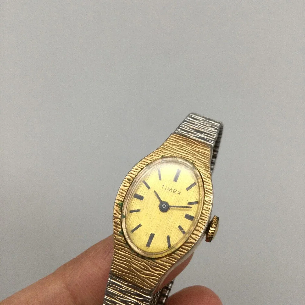 Vintage Timex Womens Watch 18mm Gold Dial Silver Tone Bracelet Manual Wind
